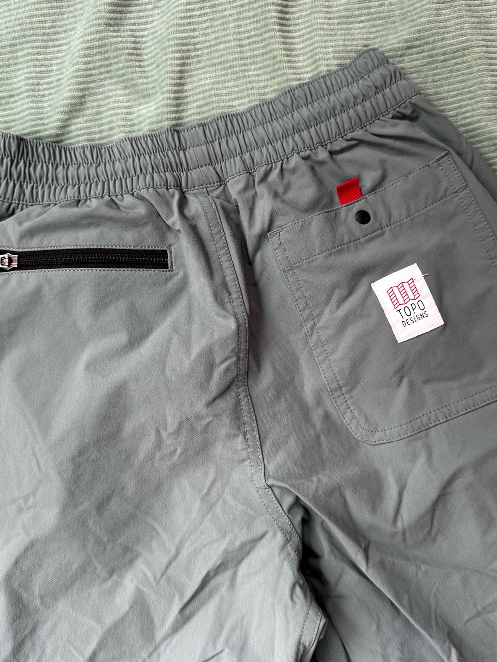 Topo Designs Light Gray/teal Outdoor rock climbing pants with Pockets